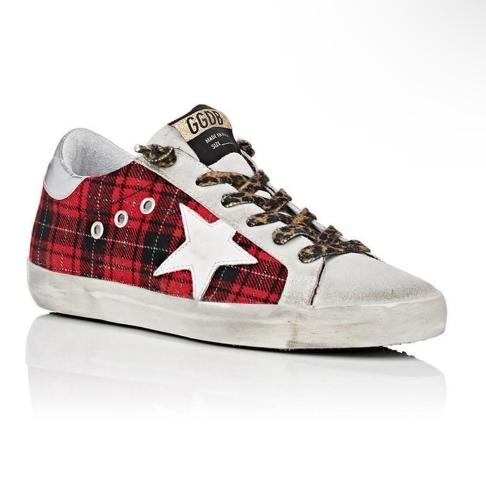Golden goose limited edition super star red plaid sneakers with leopard laces